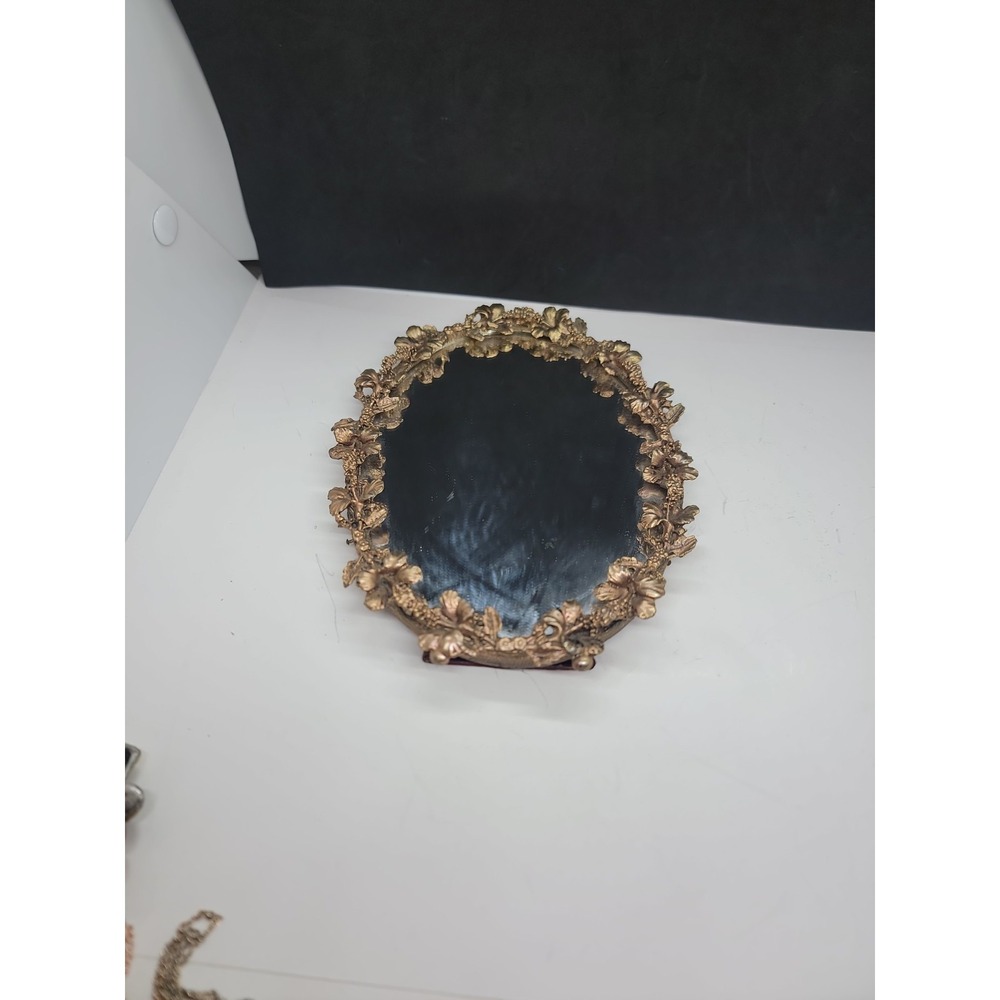 Vintage Globe 24K Gold Plated Ornate Hibiscus Design Tabletop Oval Mirror 1950s - Picture 2 of 7